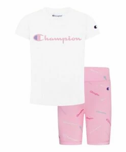 Wholesale 🤩 Champion White Short-Sleeve Tee & Pink 🍬 Candy Bike Shorts - Toddler & 👧 Girls ⌛