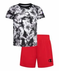 Flash Sale 🎁 Champion Black Tie-Dye Crewneck Tee & Scarlet Crush Shorts - Toddler & Boys 👍