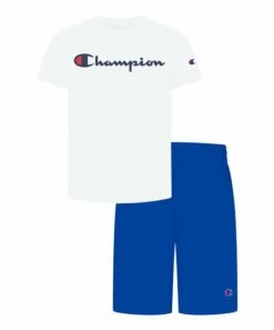 Best Pirce 👍 Champion White Classic Script Short-Sleeve Tee & Bozetto Blue Shorts - Toddler & Boys 🧨
