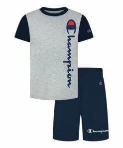 Promo 😉 Champion Oxford Heather Logo Crewneck Tee & Navy Shorts - Toddler & Boys 🔔
