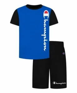 Outlet 🌟 Champion Bozetto Blue Logo Crewneck Tee & Black Shorts - Toddler & Boys 💯