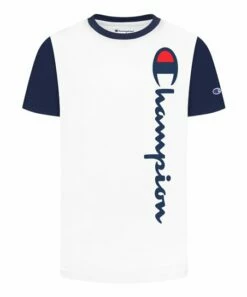 Promo 👏 Champion White & Navy Color Block Logo Tee - Boys 🛒