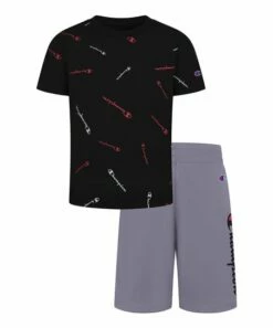 Cheapest 👏 Champion Black Allover Logo Tee & Concrete Shorts - Toddler & Boys 🥰