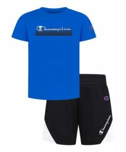 Top 10 🔔 Champion Bozetto Blue Sunrise Script Short-Sleeve Tee & Black Shorts - Toddler & Boys ✨