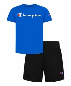 Cheapest 🤩 Champion Bozetto Blue & Black Classic Script Tee & Shorts - Toddler & Boys 🥰
