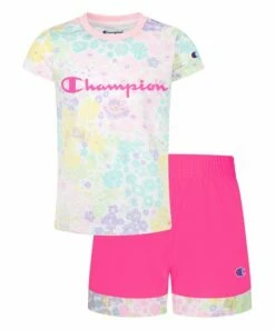 Best reviews of 🔥 Champion Pink 🍬 Candy Floral Tee & Knockout Pink Color Block Shorts - Toddler & 👧 Girls 🎉