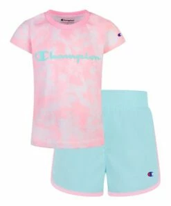 Deals 😀 Champion Pink 🍬 Candy Tie-Dye Woven Tee & Aruba Blue Shorts - Toddler & 👧 Girls ❤️