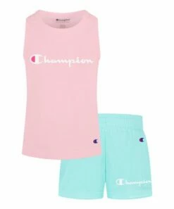 Promo 🥰 Champion Pink 🍬 Candy Logo Tank & Aruba Blue Mesh Shorts - Toddler & 👧 Girls ⭐