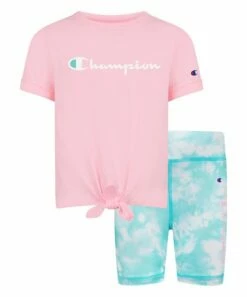 Top 10 🎉 Champion Pink 🍬 Candy Tie-Front Tee & Aruba Blue Tie-Dye Biker Shorts - Toddler & 👧 Girls 😀