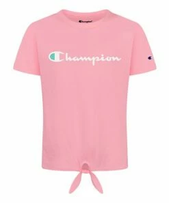 Wholesale 👏 Champion Pink 🍬 Candy & White Classic Script Tie-Front Tee - 👧 Girls 🥰