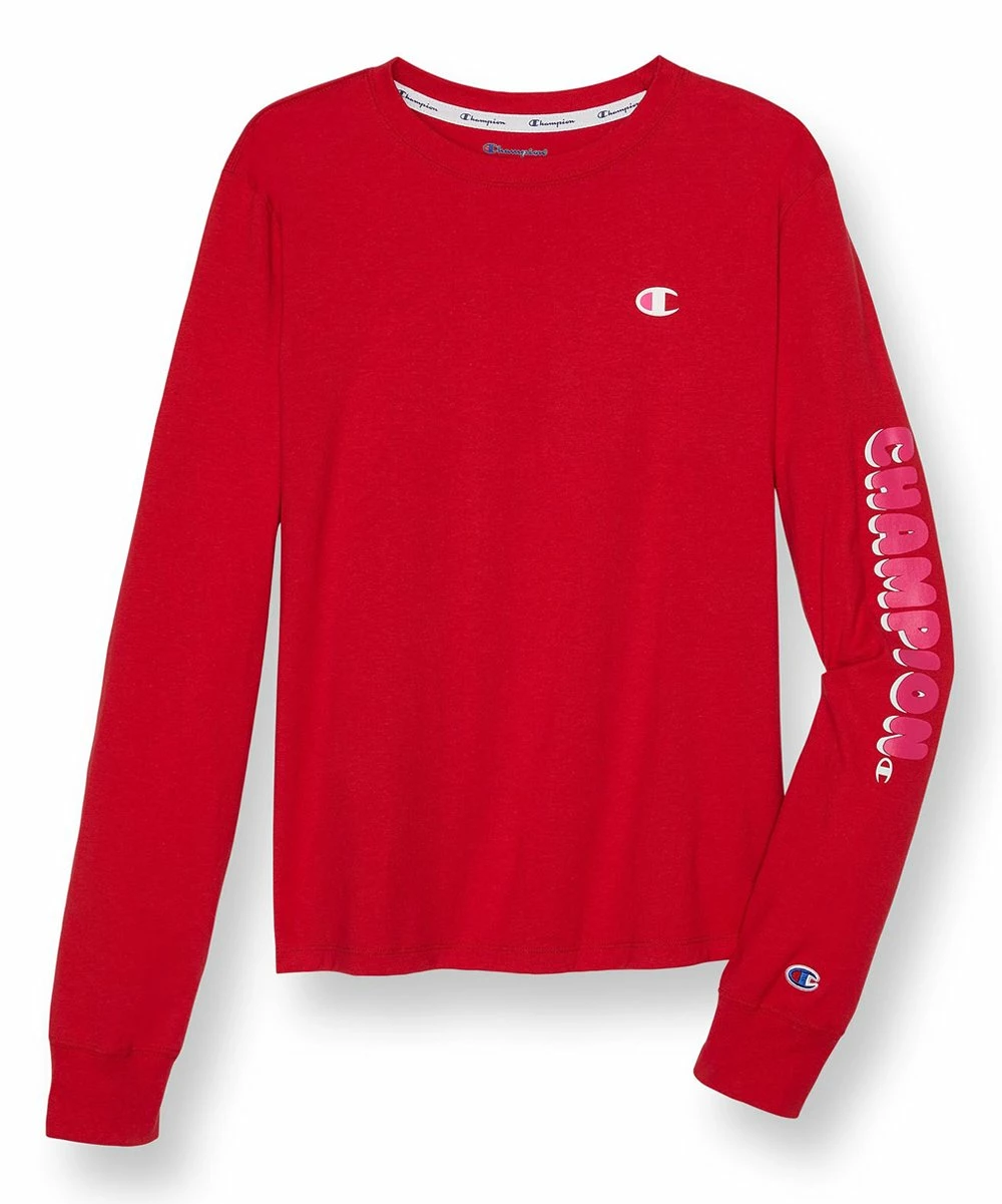 New π Champion Cheerful Red Logo Classic Crewneck Long-Sleeve Top - π© Women π 1 New π Champion Cheerful Red Logo Classic Crewneck Long-Sleeve Top - π© Women π