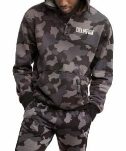 Discount 👍 Champion Gray & Black Camo Mesh Fleece Button-Front Hoodie - Men 🤩