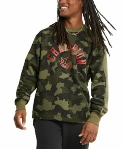 Promo 😉 Champion Olive & Brown Camo Mesh 'Champion' Fleece Crewneck Sweater - Men 🌟