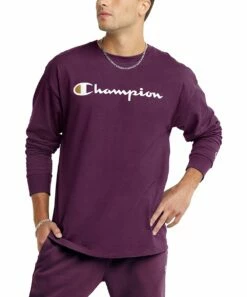 Coupon 🔔 Champion Plum Port 'Champion' Crewneck Long-Sleeve Tee - Men 😀
