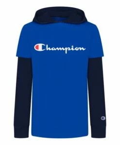 Top 10 ❤️ Champion Bozetto Blue & Navy Logo Hooded Layered Tee - Boys 🌟