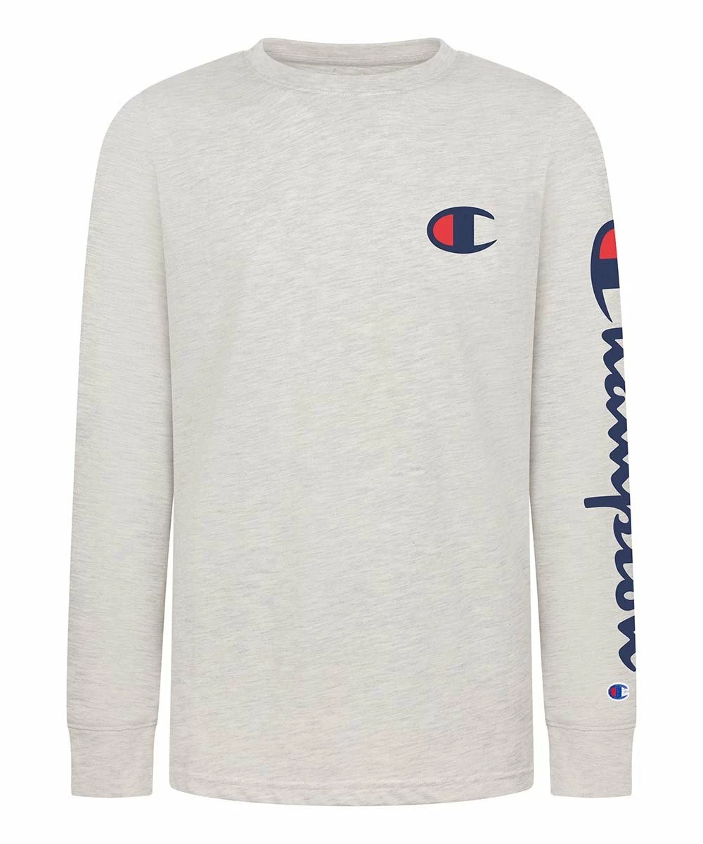 Budget π Champion Oatmeal Heather Logo Patch Long-Sleeve Tee - Boys β 1 Budget π Champion Oatmeal Heather Logo Patch Long-Sleeve Tee - Boys β