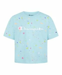 Flash Sale 🎁 Champion Blue Mist & White Paint Splatter Logo Boxy Tee - 👧 Girls 🎁