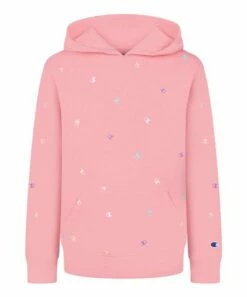 Deals 🌟 Champion Guava Pink Multicolor Tossed C Logo AOP Fleece Hoodie - 👧 Girls 🔥