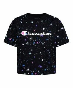 Promo 🔔 Champion Black Boxy Paint Splatter Boxy Crop Tee - 👧 Girls 🌟