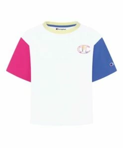 Flash Sale 🎁 Champion White & Warm Blueberry Color Block Stripe Logo Boxy Tee - 👧 Girls 👏