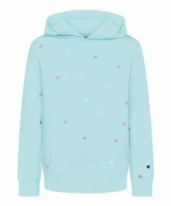 Deals 🧨 Champion Blue Mist Multicolor Tossed C Logo AOP Fleece Hoodie - 👧 Girls 😍
