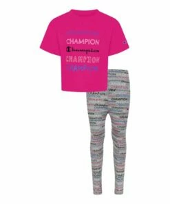 New 🔔 Champion Wow Pink Boxy Crop Tee & Oxford Heather Leggings - Toddler & 👧 Girls ❤️