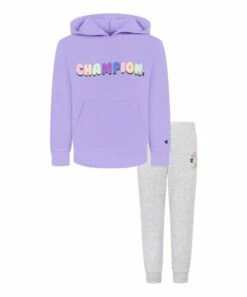 Best Sale 🎁 Champion Enchanted Lilac Big Bubble Hoodie & Oxford Heather Joggers - Toddler & 👧 Girls 🧨