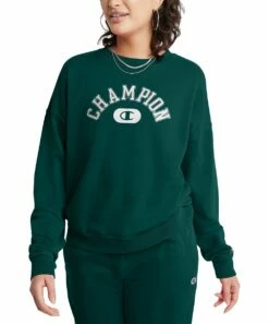 Flash Sale 🔔 Champion Forest Peak Green Powerblend Vintage Wash Crewneck Sweatshirt - 👩 Women 🔔