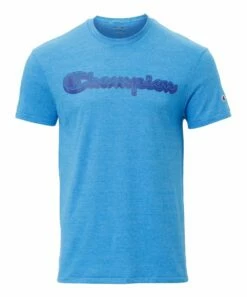 Buy 🥰 Champion Blue Jay Heather Logo 3-D Text Powerblend Crewneck Tee - Men 💯