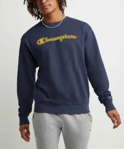 Best Pirce π Champion Athletic Navy Solar Wash Logo Varsity Crewneck Sweatshirt - Men π₯°