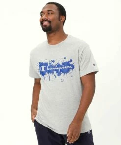 Buy 🔔 Champion Oxford Gray Paint Splash Classic Logo Tee - Men 🤩