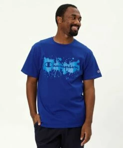 Cheapest 🔥 Champion Valiant Blue Paint Splash Classic Logo Tee - Men 💯