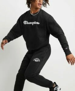 Promo 💯 Champion Black Solar Wash Logo Varsity Crewneck Sweatshirt - Men ✨ -Champion Sales zu108150233 alt 3 tm1666980775