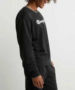 Promo 💯 Champion Black Solar Wash Logo Varsity Crewneck Sweatshirt - Men ✨ -Champion Sales zu108150233 alt 4 tm1666980775