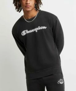 Promo 💯 Champion Black Solar Wash Logo Varsity Crewneck Sweatshirt - Men ✨