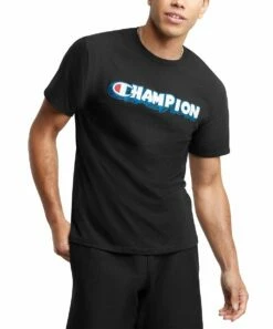 New 🤩 Champion Black Logo 3-D Text Crewneck Tee - Men ❤️
