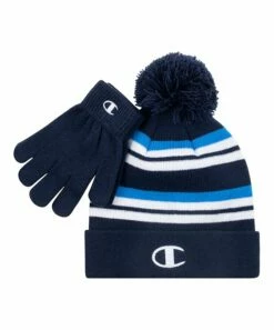 Hot Sale 🤩 Champion Navy & White Stripe Pom-Pom Beanie & Gloves Set ✨