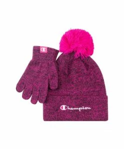 Budget 🛒 Champion Black & Pink Fizzy Pom-Pom Beanie & Gloves 🎁