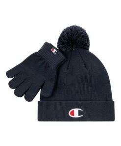 Outlet ❤️ Champion Navy Pom-Pom Beanie & Gloves Set 😀