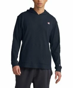 Coupon 🔔 Champion Navy Logo-Patch Waffle Hoodie - Men 😀