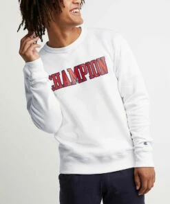 Best reviews of 🛒 Champion White & New Ripe Red Powerblend® Logo Crewneck Sweatshirt - Men 🧨
