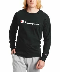 Wholesale 🌟 Champion Black Classic Long-Sleeve Tee - Men 👏