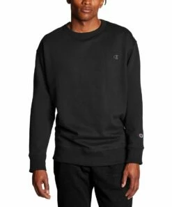 Flash Sale 💯 Champion Black Ribbed Powerblend Fleece Crewneck Sweatshirt - Men 🔥