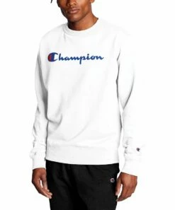 Promo 👏 Champion White Logo Fleece Powerblend Sweatshirt - Men 👍