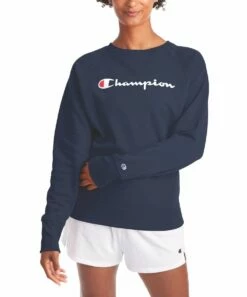 Discount β€οΈ Champion Athletic Navy Logo Powerblend Boyfriend Raglan Sweatshirt - π© Women π₯°