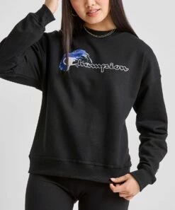 Coupon 😀 Champion Black Logo Powerblend Relaxed Crewneck Sweatshirt - 👩 Women 🛒