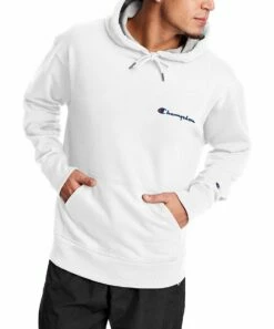 Cheap 🎉 Champion White & Blue Powerblend® Logo Hoodie - Men 🎁